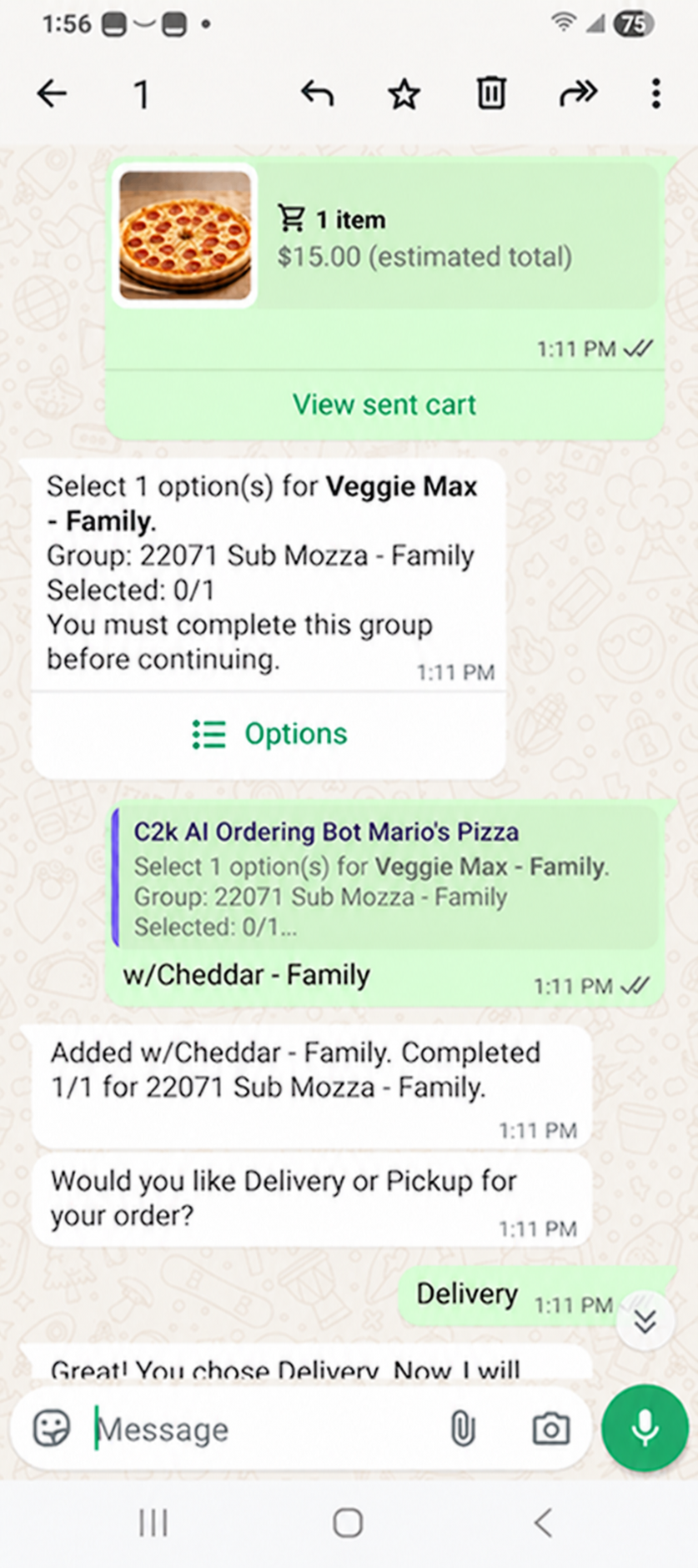 Chatbot conversation adapted from real ordering asking for a required pizza option and delivery or pickup
