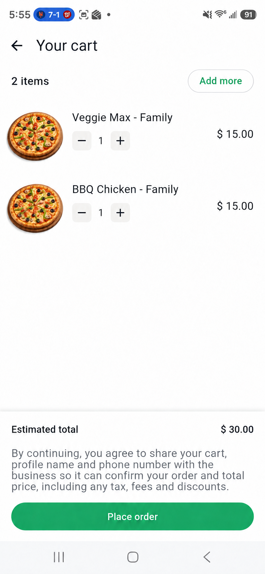 WhatsApp cart showing two pizza items and a place order button